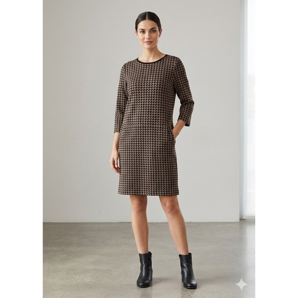 Tyler Boe Houndstooth Shift Dress Womens L‎ Brown/Black Pockets Knit